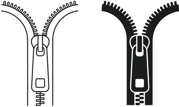 Zipper icon with open and closed states outline and solid style clothing fastener detail vector illustration