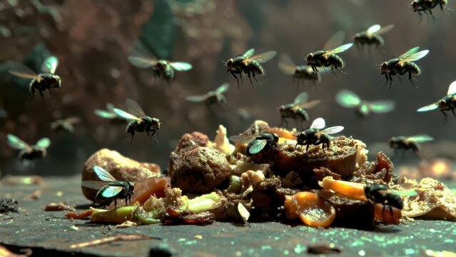Swarm of Flies Gathering Around Decaying Food on Dark Surface