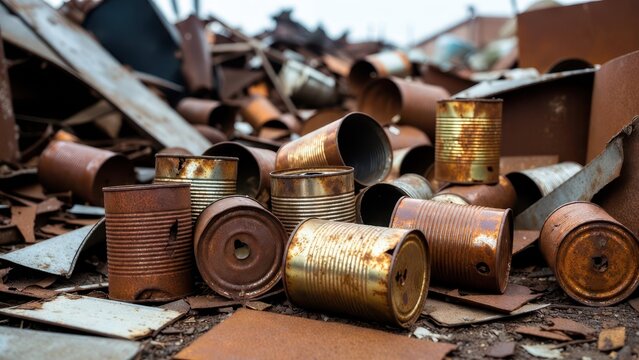 Rusty Cans and Scrap Metal in a Junkyard Setting with Weathered Texture