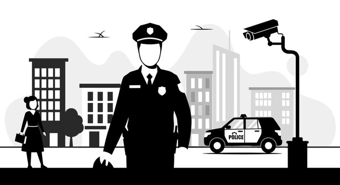 Uniformed police officer maintains public safety on a bustling city street while a surveillance camera monitors the urban environment in monochrome tones.