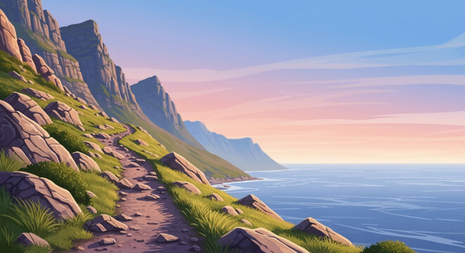 Winding coastal path along a steep, grassy cliffside overlooking the calm ocean under a colorful sky.