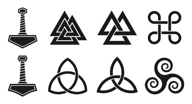 Pagan symbol collection. Valknut, triquetra and celtic infinity knot sign. Triskelion and trinity symbol.  Looped square icon. Thor hammer mjolnir. Norse viking culture logo. Vector illustration image