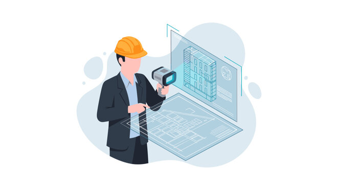 An architect in a hard hat uses a 3D scanner to inspect a holographic architectural blueprint in a clean, professional, high-tech modern office workspace.