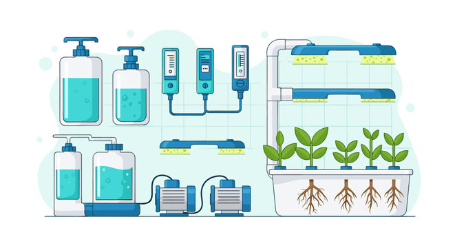 A modern automated hydroponic indoor gardening system features vibrant blue water reservoirs and efficient LED grow lights for lush green vegetable plants.