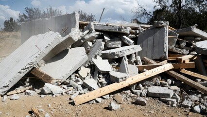 Fototapeta premium Pile of Concrete Debris After Demolition with Blue Sky Background