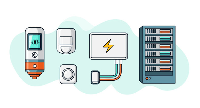 A set of essential smart home automation devices including a digital temperature gauge, motion sensors, a power controller, and a centralized server rack.