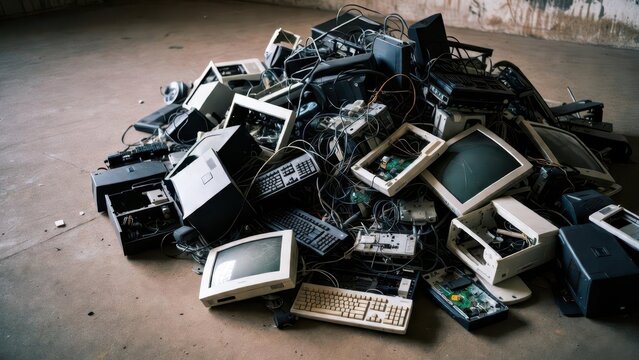 Pile of Old Electronics and Computer Waste in Abandoned Space
