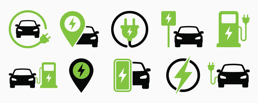 Electric car charging icon set. EV station, plug, socket, hybrid car, green electric car with plug symbol on white background - stock vector.