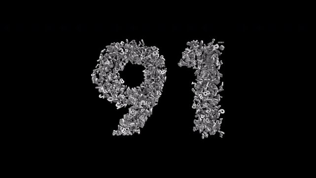 Number 91 Formed by Small Digits Animation with Alpha Channel. Typographic Number Formation Effect. Digital Number Made of Numbers. 3D Font Typographic Animation. Transparent Background