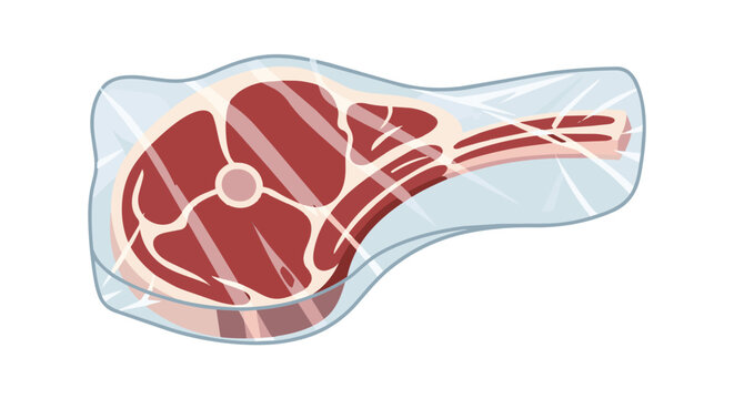 Illustration of a fresh raw beef tomahawk steak with bone wrapped in transparent plastic film for food packaging and supermarket retail concept, isolated on white background.