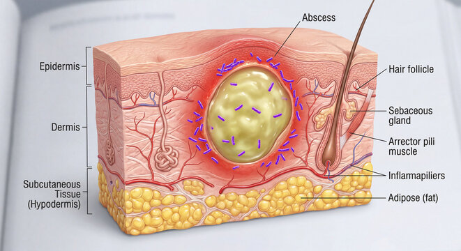 Anatomical illustration of a skin abscess in the dermis
