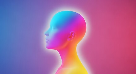 Obraz premium Colorful profile of a face with soft neon glow. Mental clarity and open mind concept. Human silhouette with rainbow colors against a blue and pink gradient