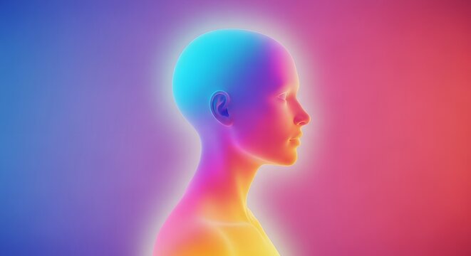 Vibrant rainbow profile of a human head with glowing aura. Creativity and LGBTQ pride concept. Person silhouette with colorful gradient skin and bright halo
