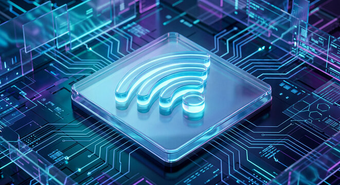 Glowing WiFi symbol on a translucent platform above neon circuit board