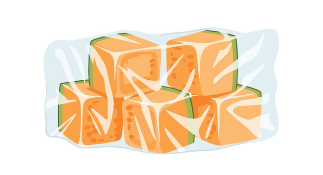 Vector illustration of fresh diced cantaloupe melon cubes in transparent plastic packaging wrap, isolated on a white background for food storage or healthy snack concept.