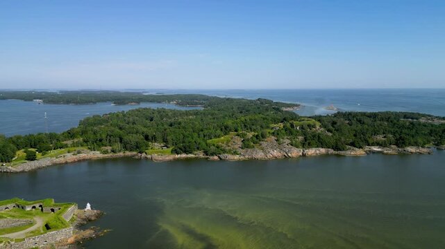 Aerial Drone View of Vallisaari Island on a Beautiful Summer Day in Helsinki, Finland