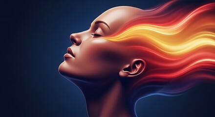 Obraz premium Human face with flowing vibrant light trails. Dynamic energy and creative momentum. Profile of a person with colorful waves of energy streaming from the eyes and head