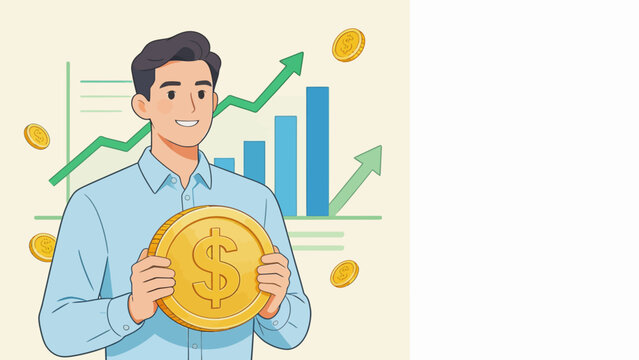 Man holding large gold coin with growth chart