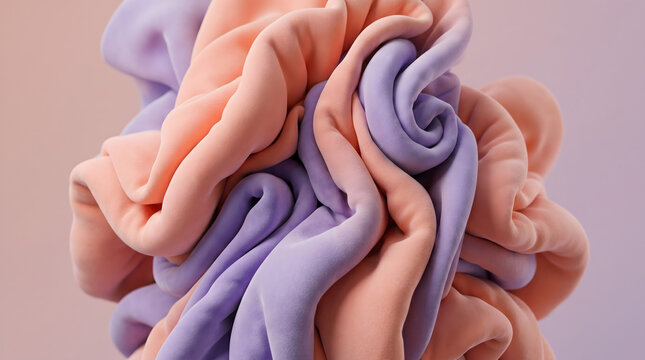 Puffy Digital Art: Abstract 3D render of "puffy" and "squishy" digital fabric folds, "Digital Peach" and lavender color palette, softbox studio lighting, minimal and modern, 8k resolution.