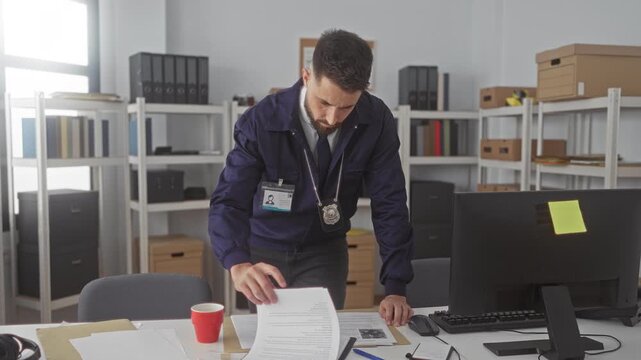 Man leans over a cluttered desk, reviews and sorts case documents with badge and id visible in a records building; duty focus.
