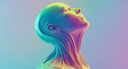 Obraz premium Glossy liquid texture 3D head with flowing iridescent lines. Neural network and data flow concept. Futuristic profile of a face with vibrant teal and purple reflections