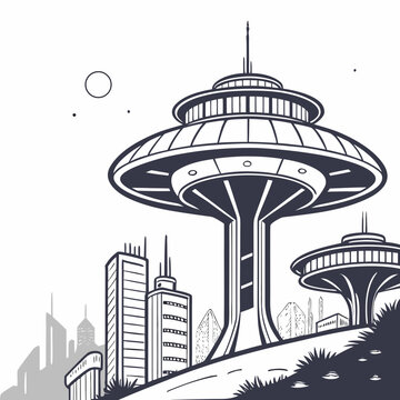 A stylized black and white illustration depicts the iconic space needle of seattle alongside futuristic buildings and a minimalist landscape high quality