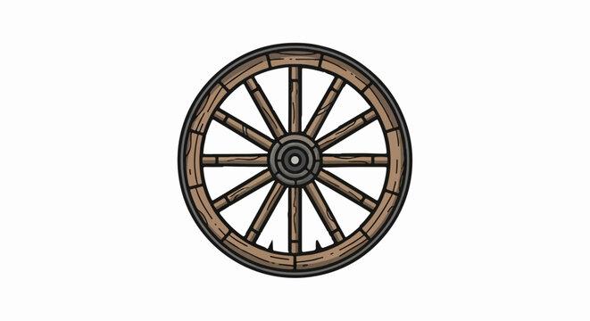 Rustic wooden wagon wheel with metal rim and central hub