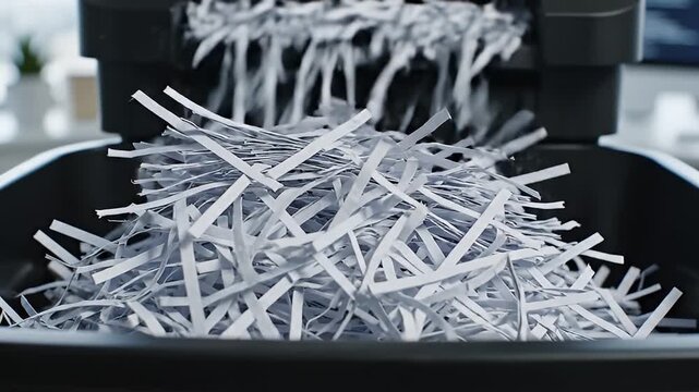 Office paper shredder cutting documents into strips in a business setting with blurred computer screen in background; modern monochrome