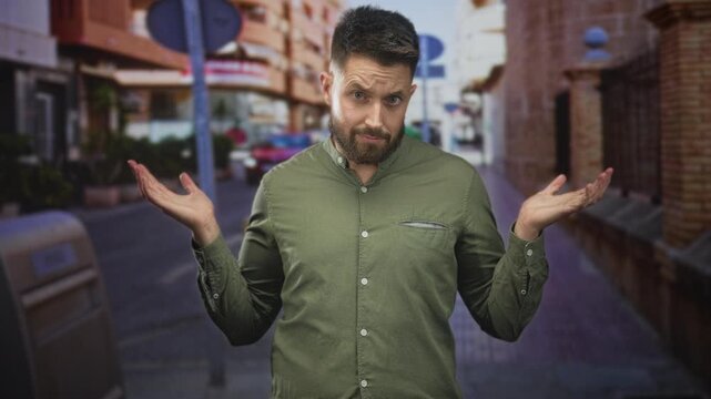 Man with beard points index fingers together in a narrow street wearing a green shirt; doubt persuasion.