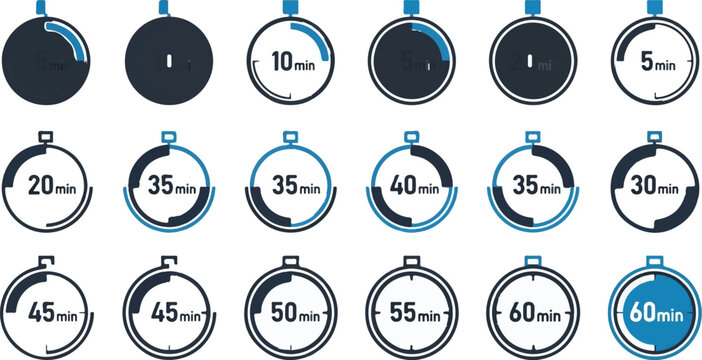 A collection of circular timer icons displaying various minute increments, from 5 to 60 minutes