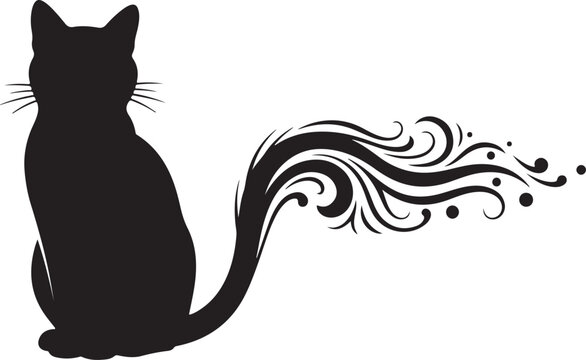Sitting Feline Figure Vector Minimal Black Pet Form with Decorative Curved Tail Pattern for Sticker, Tattoo and Creative Artwork