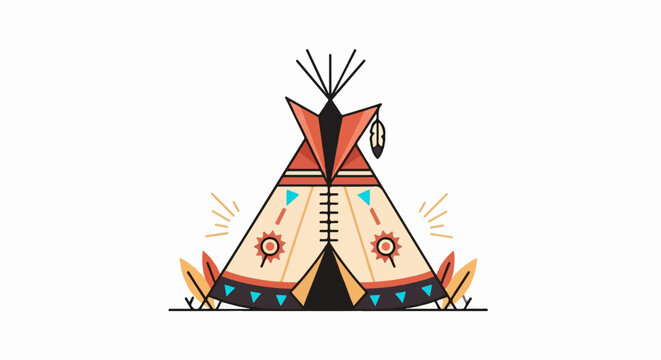 Stylized teepee dwelling with decorative elements, featuring geometric patterns and feather