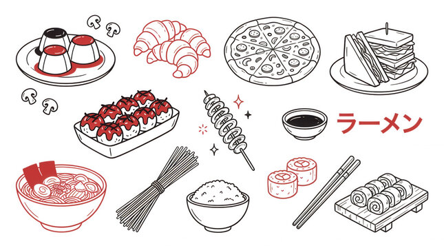 Japanese and european food seamless pattern outlined black background with ramen croissants sushi pizza and other dishes