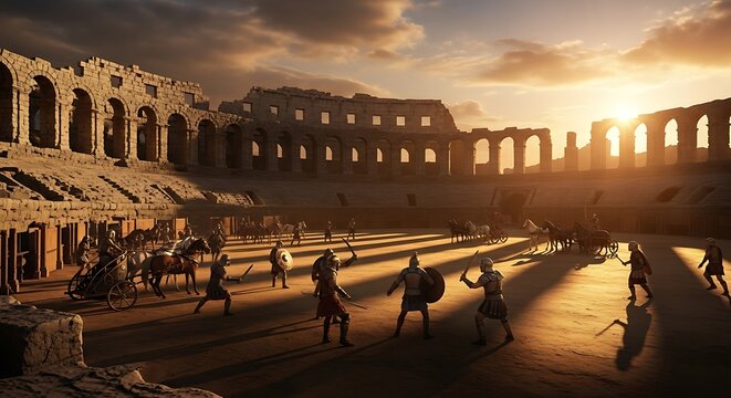 Ancient arena bathed in sunlight, with warriors and chariots preparing for combat