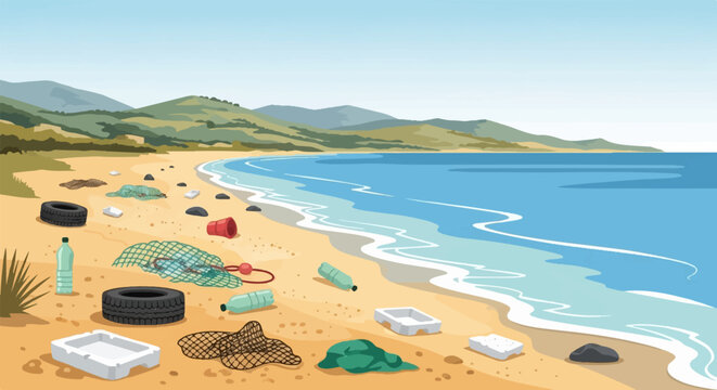 Polluted beach with plastic waste, fishing nets, and tires marring the natural coastline