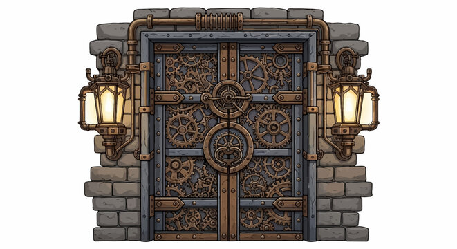 Ornate, mechanical steampunk double doors with glowing lanterns flank a stone wall