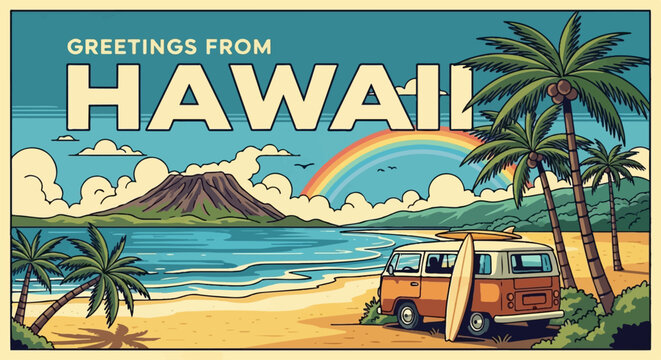 Retro postcard with a beach scene, volcano, van, surfboard, and rainbow