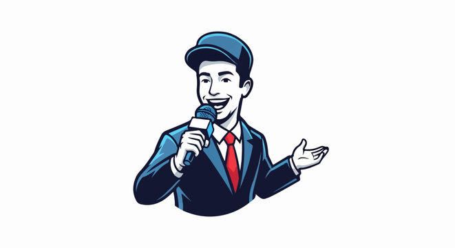 Cheerful announcer in a suit and cap holds a microphone, gesturing with open hand