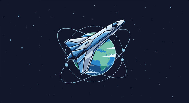 Stylized spacecraft orbits Earth amidst a starry, dark blue expanse with orbital paths