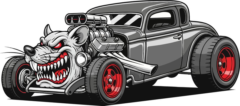 Cartoon rat hot rod with powerful engine and red wheels