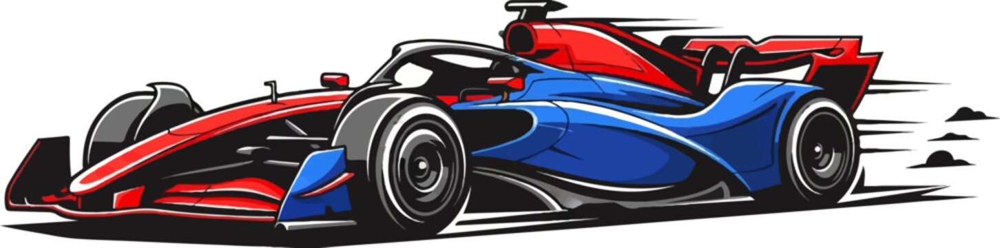 Two stylized open-wheel race cars in red and blue speeding forward with motion lines