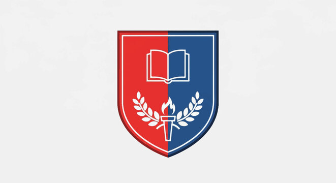 Red and blue shield with white open book, torch, and laurel wreaths