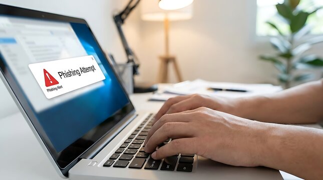 Hands typing on laptop with phishing alert on screen in office setting with plant