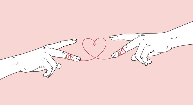 Two hands reaching out, connected by red thread forming a heart