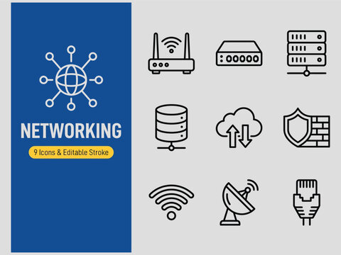 Set of nine professional line art icons representing various networking concepts and technology elements arranged on a gray background with a blue sidebar
