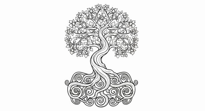 Ornate tree with swirling roots and delicate flowers, a stylized botanical illustration
