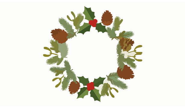 Christmas evergreen wreath vector with pine cone spruce fir holly and mistletoe cartoon design