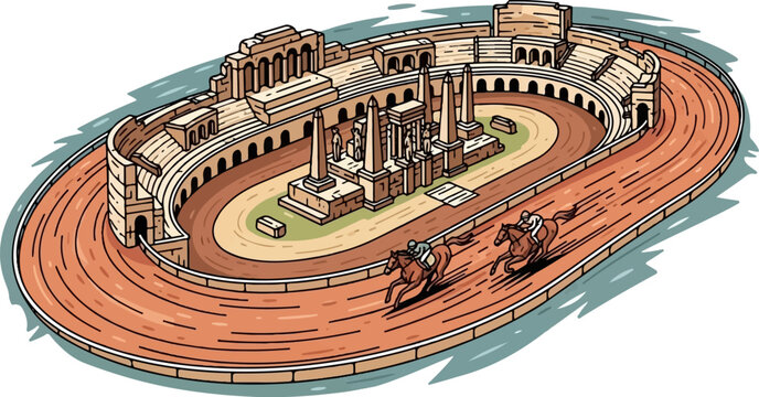 Ancient stadium with chariots and horses racing on a dirt track