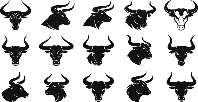 A collection of stylized black bull heads with imposing horns and fierce expressions, rendered in silhouette