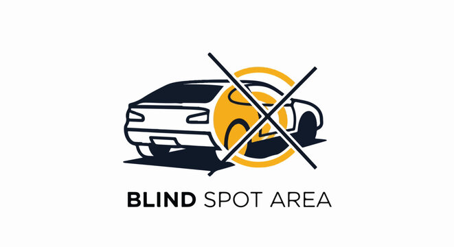 Stylized graphic of a car with a warning symbol over a wheel and text indicating blind spot area